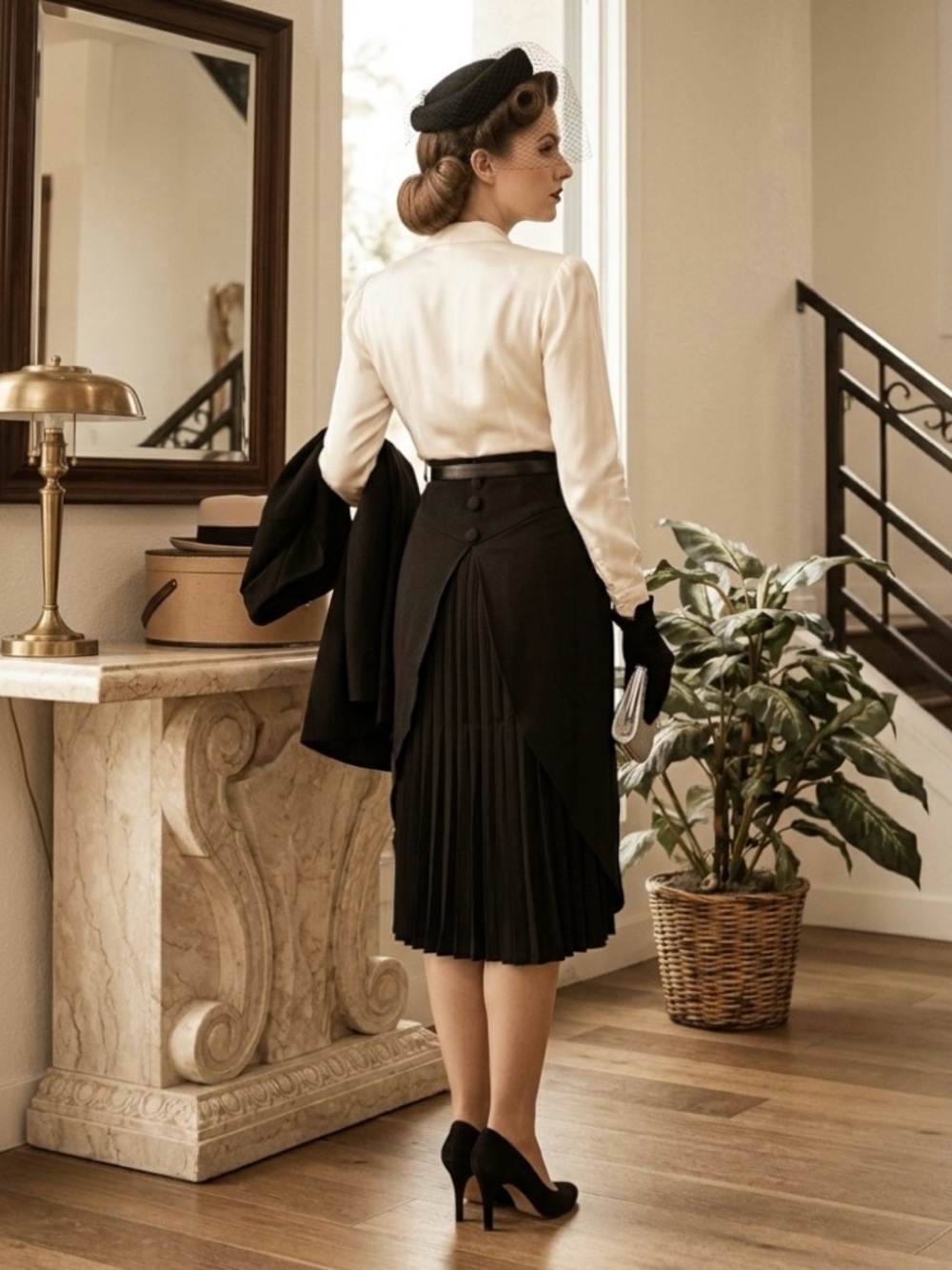 Rare Voodoo Vixen Retro 1940s Black Back Pleated Pinup Midi Skirt S Deadstock